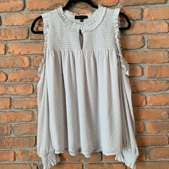 Sanctuary Tops - Sanctuary Womens Medium Top Beige Swiss Dot Smocked‎ Cold Shoulder Blouse Ruffle